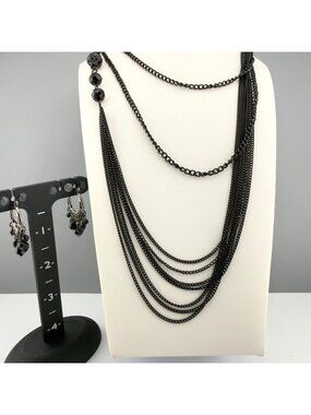Black Multi Strand Beaded Chain Necklace Hoop Earrings Set 36" Adjustable